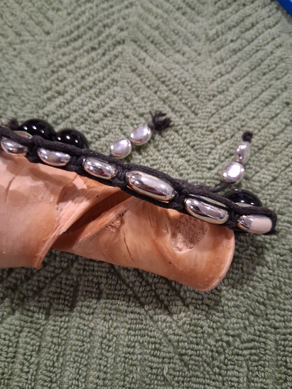Black Cord Bracelet with Silver Beads Cord Adjustable